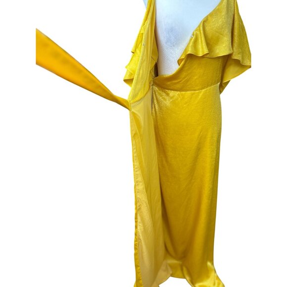 NEW Lulus XL Yellow Ruffled Cold Shoulder Maxi Wrap Satin Dress Formal Gown Chic - Picture 7 of 13